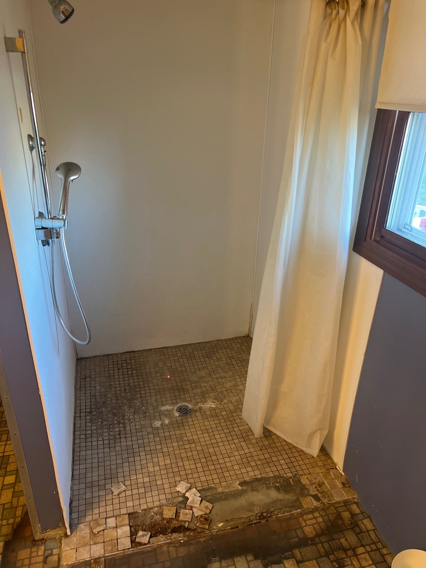 shower bathroom before remodeling, image shows water damage and failing mosaic tile